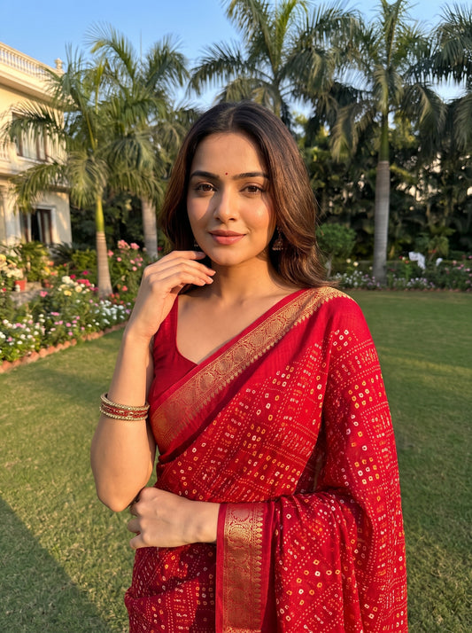 Red Soft Twill Saree With Unstitched Blouse
