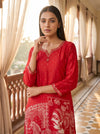 Red Satin Readymade Suit And Plazzo Set