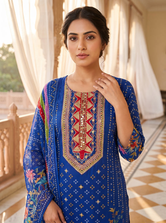 Midnight Blue Crepe Readymade Suit With Crepe Dupatta