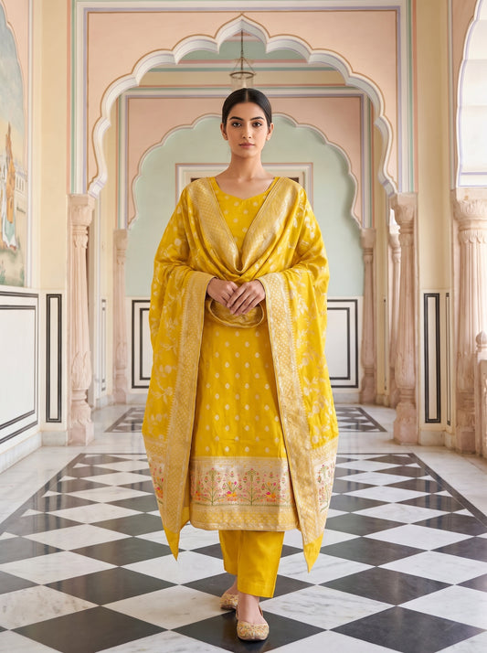 Pista Dola Banarasi Woven Zari Unstitched Salwar Suit With Dola Dupatta