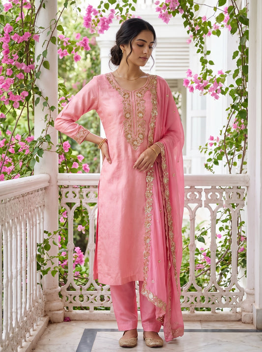 Eternal Bloom Pink Banarasi Silk Unstitched Salwar Suit With Chiffon Dupatta