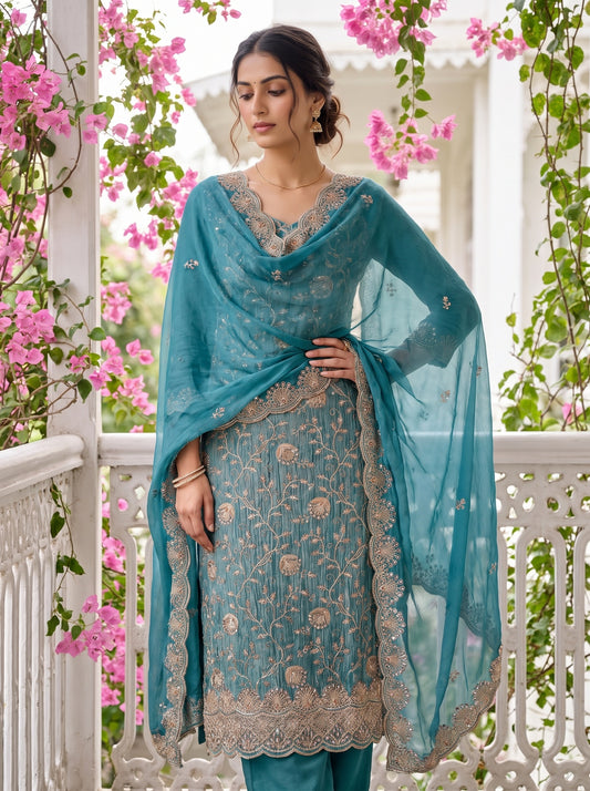 Statement Look Peacock Crush Tissue Unstitched Salwar Suit With Tissue Dupatta