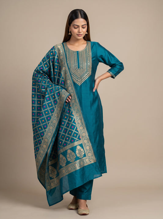 Mesmerizing Dark Firozi Chanderi Cotton Unstitched Salwar Suit With  Cotton Dupatta