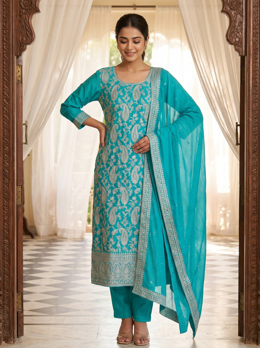 Royal Heritage Tea-Green Tissue Unstitched Salwar Suit With Tissue Dupatta