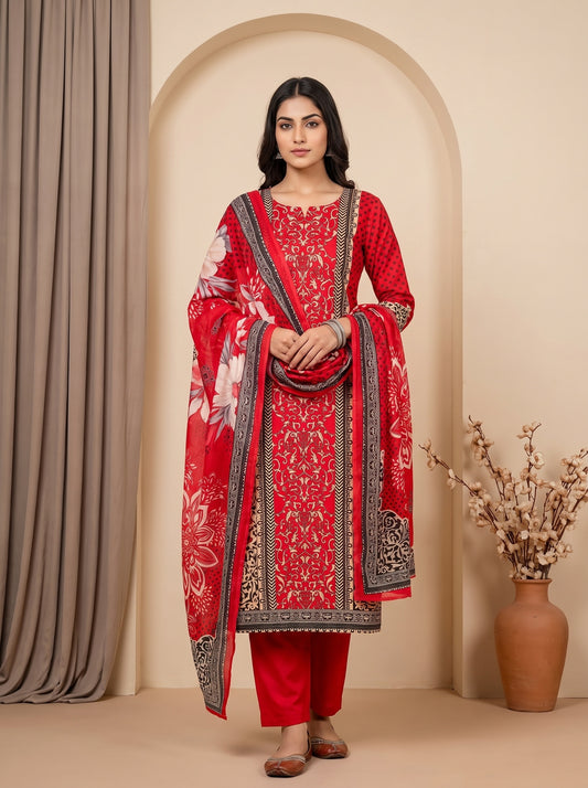 Grace Redefind Red Black Crepe Unstitched Salwar Suit With Crepe Dupatta