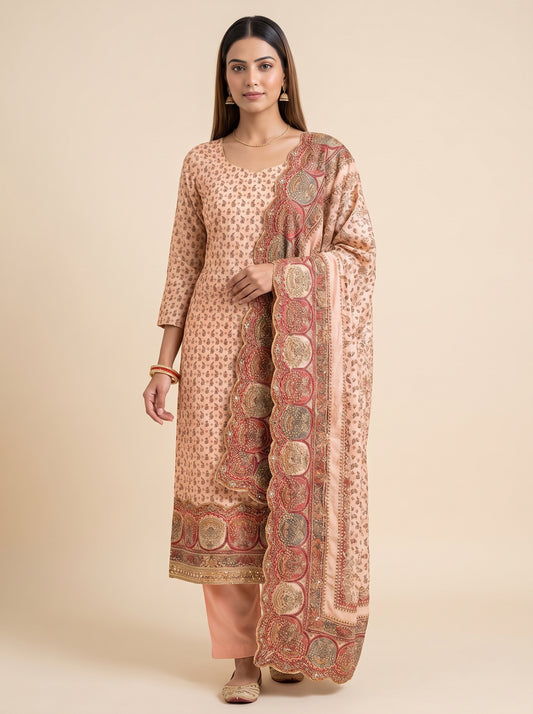 Blush Elegance Peach Crepe Unstitched Salwar Suit With Crepe Dupatta