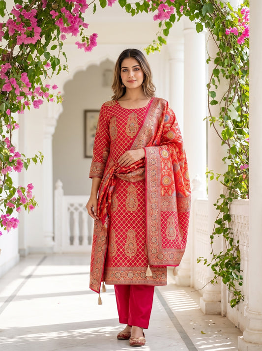 Red Magenta Khaddi Georgette  Unstitched Salwar Suit With Khaddi Georgette Dupatta
