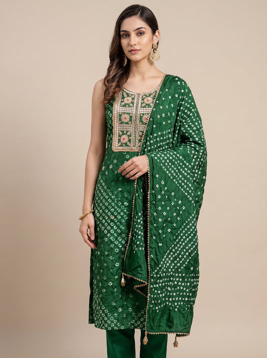 Bottle Green Dola Unstitched Salwar Suit With Dola Dupatta