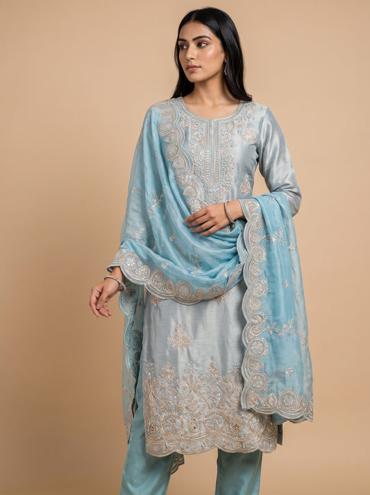 Draped in Elegance Grey Shimmer Unstitched Salwar Suit With Chiffon Dupatta
