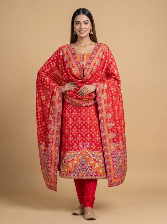 Coral Crepe Unstitched Salwar Suit With Crepe Dupatta