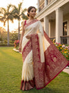 White Maroon Banarasi Silk Saree With Unstitched Blouse