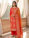 Raw Elegance Mustard Red Khaddi Georgette Banarasi Woven Zari Unstitched Salwar Suit With Dola Silk Dupatta