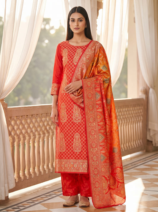 Raw Elegance Mustard Red Khaddi Georgette Banarasi Woven Zari Unstitched Salwar Suit With Dola Silk Dupatta
