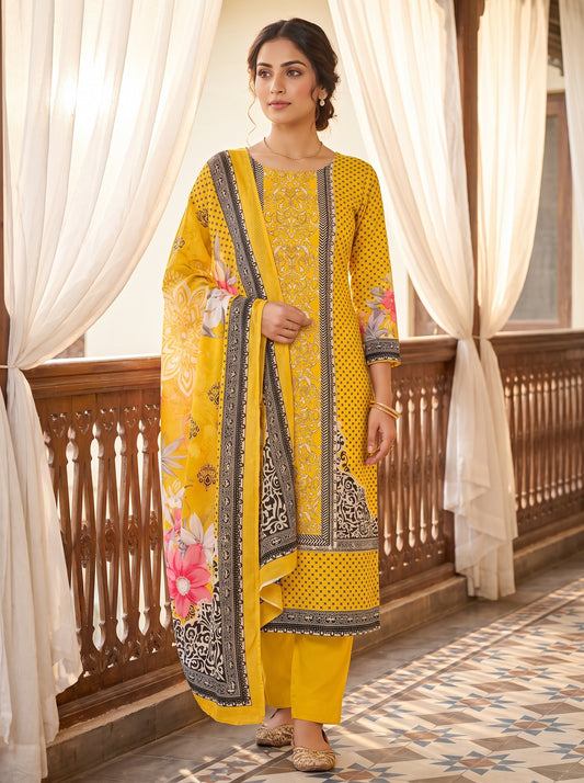 Raw Elegance Mustard Black Crepe Unstitched Salwar Suit With Crepe Dupatta