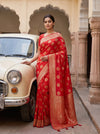 Red Banarasi Silk Saree With Unstitched Blouse