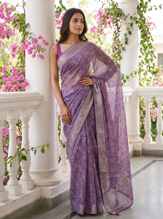 Purple Georgette Saree With Unstitched Blouse