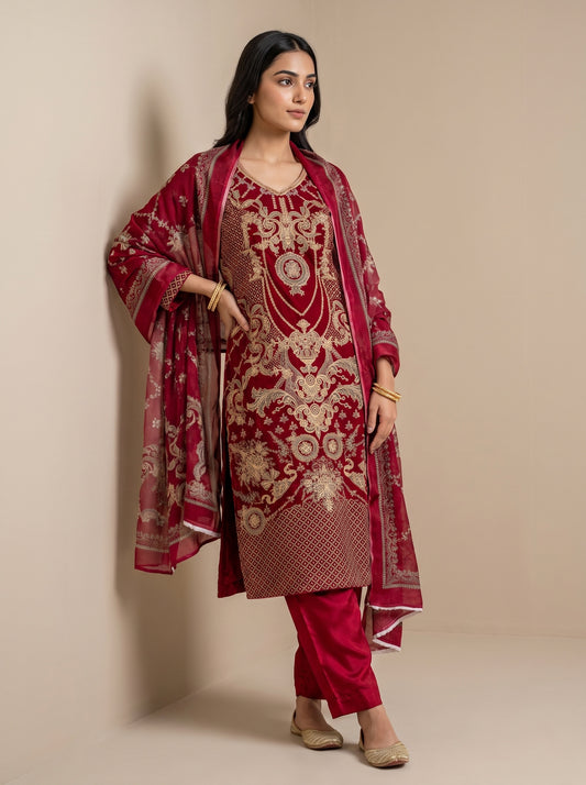 Heritage Heirloom Maroon Crepe Unstitched Salwar Suit With Georgette Dupatta