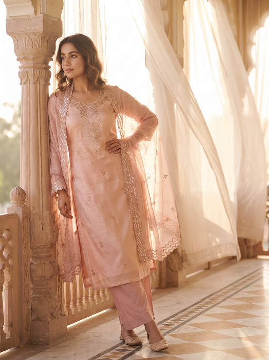 Peach Shimmer Unstitched Salwar Suit With Organza Dupatta