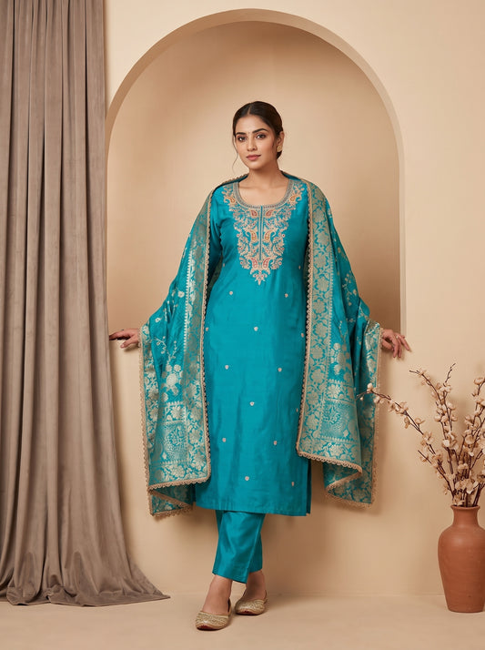 Effortless glamour Rama Silk Unstitched Salwar Suit With Silk Dupatta