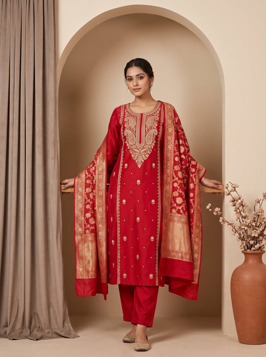 Grace Redefined Red Silk Unstitched Salwar Suit With Silk Dupatta