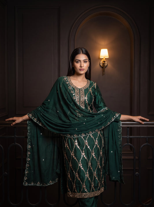 Bottle Green Organza Unstitched Salwar Suit With Chiffon Dupatta