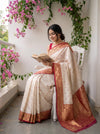 White Maroon Banarasi Silk Saree With Unstitched Blouse