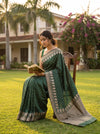 Bottle Green Banarasi Silk Saree With Unstitched Blouse