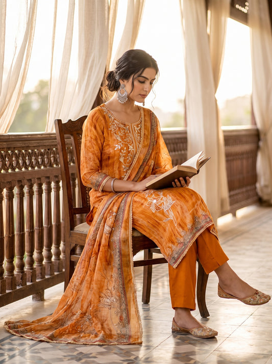 Raw Mustard Crepe Unstitched Salwar Suit With Chiffon Dupatta