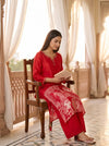 Red Satin Readymade Suit And Plazzo Set