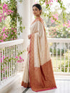 White Maroon Banarasi Silk Saree With Unstitched Blouse