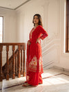 Grace Radefined Red Muslin Readymade Suit And Plazzo with Cotton Dupatta