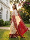 White Maroon Banarasi Silk Saree With Unstitched Blouse