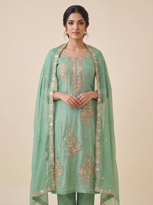 Pastel Majesty Mint Green Organza Unstitched Salwar Suit With Chiffon Dupatta