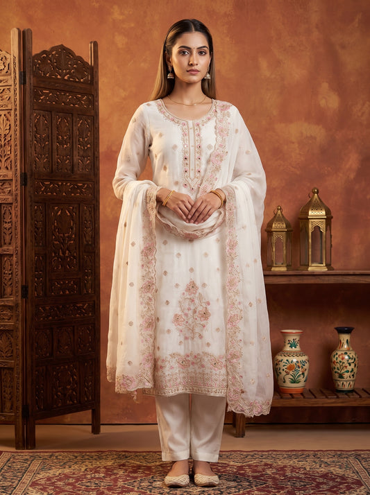 Effortlessly Beautiful White Organza Crepe Unstitched Salwar Suit With Organza Dupatta