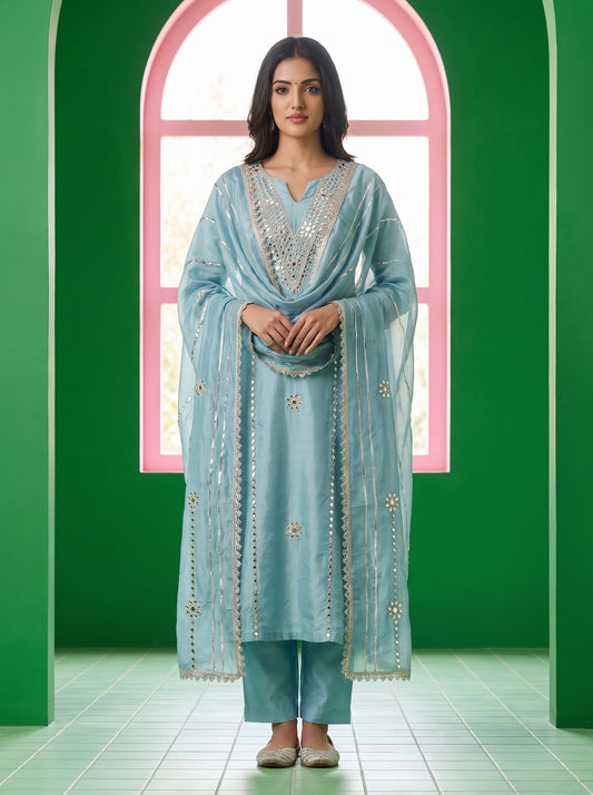Draped In elegance Grey Shimmer Unstitched Salwar Suit With Oganza Dupatta