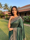 Bottle Green Banarasi Silk Saree With Unstitched Blouse