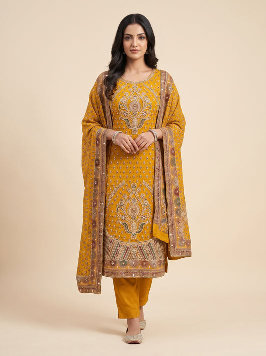 Raw Elegegance Mustard Crepe Unstitched Salwar Suit With Crepe Dupatta
