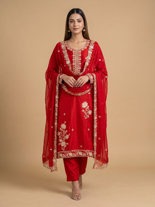 Heritage Heirloom Maroon Shimmer Unstitched Salwar Suit With Organza Dupatta