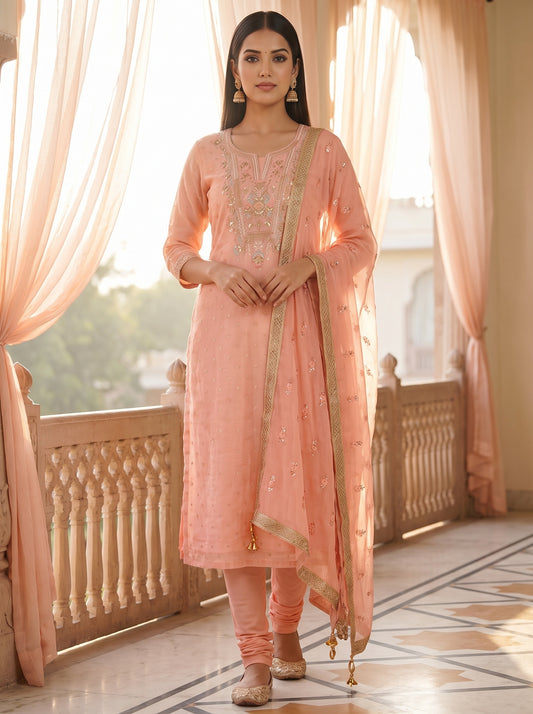 Blush Elegance Peach Chanderi Cotton Unstitched Salwar Suit With Chiffon Dupatta