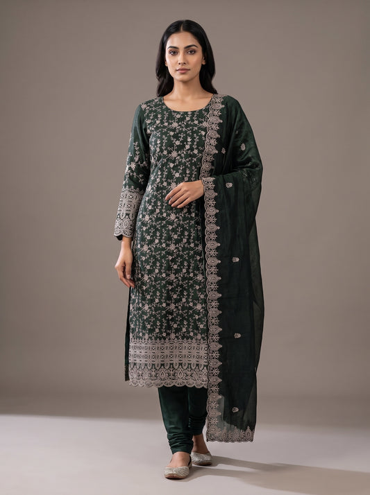Bottle Green Tissue Unstitched Salwar Suit With Tissue Dupatta
