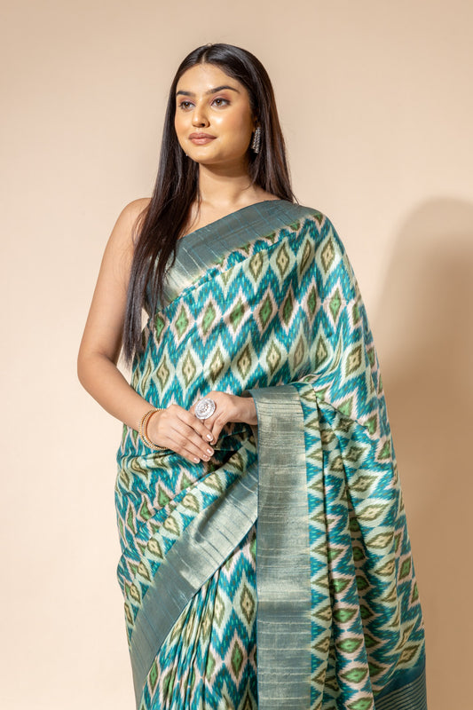 Pista Cotton Digital Print Saree With Unstitched Blouse