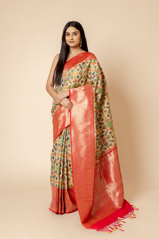 South Indian Silk Woven Zari Saree With Patola Print