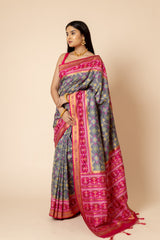 Grey Banarasi Woven Gujarat Patola Print Saree With Unstitched Blouse