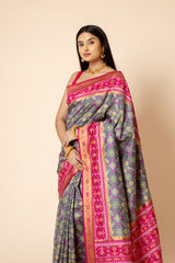 Grey Banarasi Woven Gujarat Patola Print Saree With Unstitched Blouse