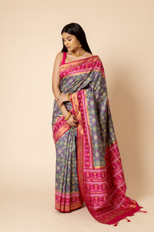 Grey Banarasi Woven Gujarat Patola Print Saree With Unstitched Blouse