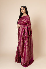 Wine South Indian Silk Saree With Unstitched Blouse (Ft:-Anjan Prasad)