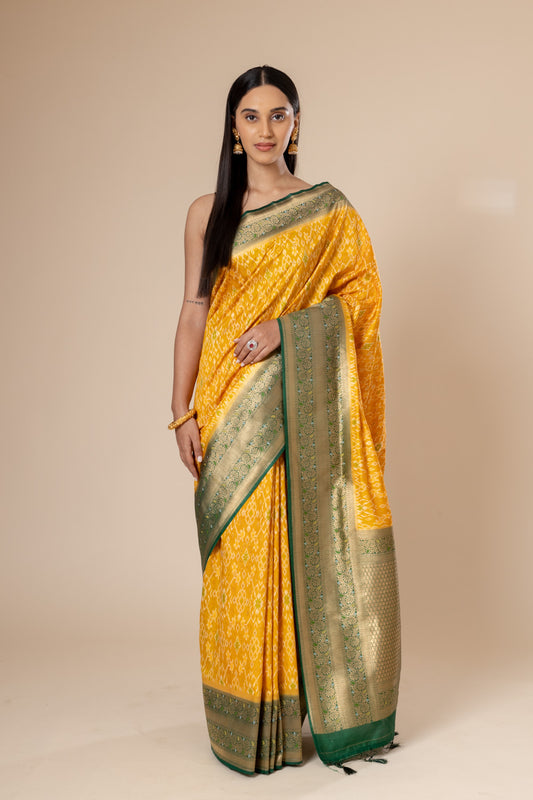 Mango Gold Banarasi Woven Zari Gujarat Patola Saree With Unstitched Blouse