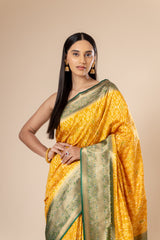 Mango Gold Banarasi Woven Zari Gujarat Patola Saree With Unstitched Blouse