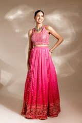 Coral Georgette Sequence Lehenga Set With Net Dupatta