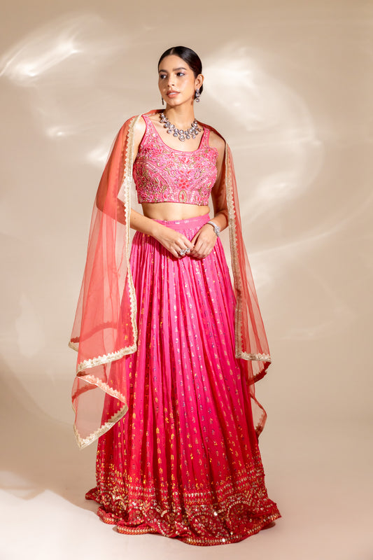 Coral Georgette Sequence Lehenga Set With Net Dupatta